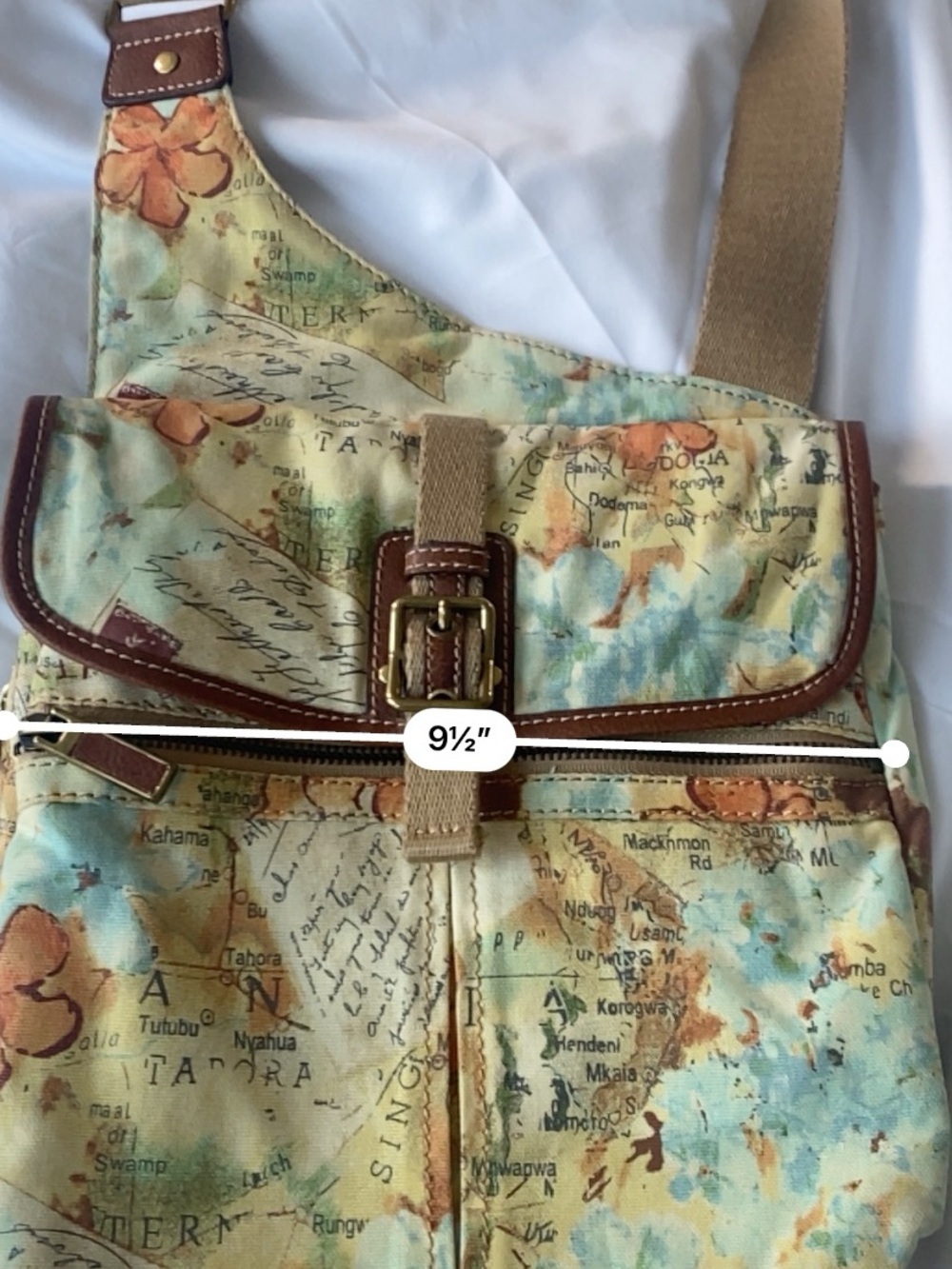 Vintage Fossil Floral Map-Print Canvas Crossbody in Teal, Tan & Orange Accents - Picture 5 of 6
